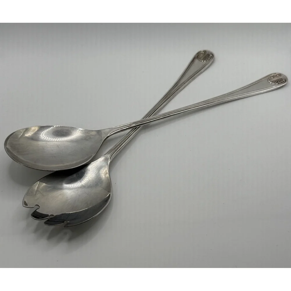 Vintage Set 2 English Silverplate Salad Serving Spoon & Fork Shell Pattern VGUC